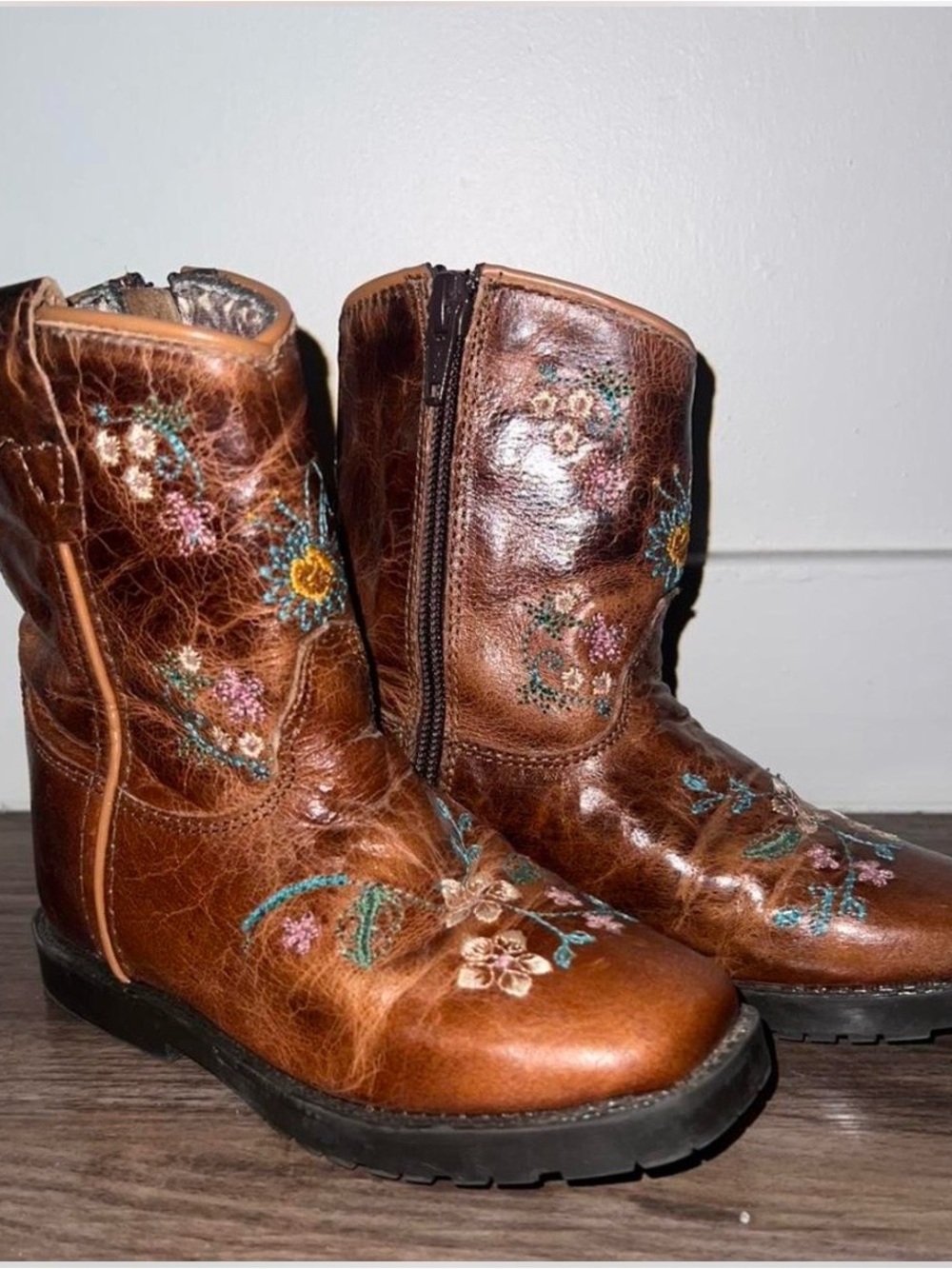 Kids Brown Embroidered Leather Boots - Floral Detail
